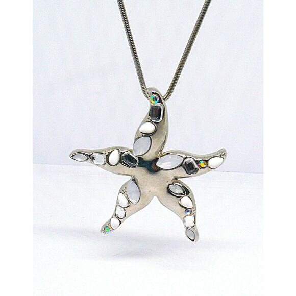 Silver Starfish Pendant Necklace 17-20" Aurora Borealis & Clear Crystals White - Picture 1 of 4
